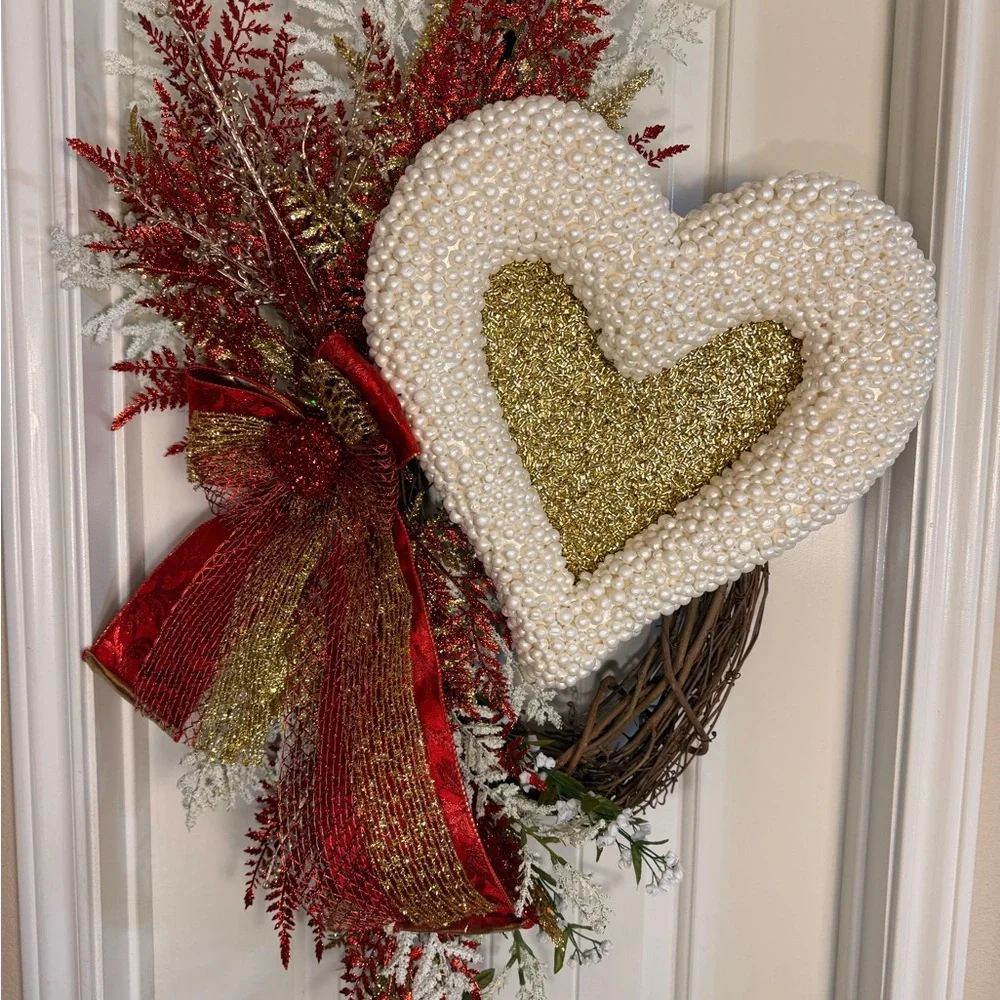 Elegant Gold and Red Heart Wreath